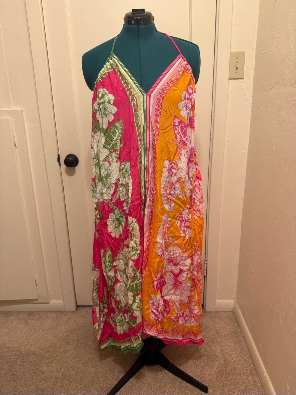 FARM Rio Pink & Orange Floral Halter Maxi Dress